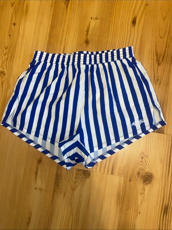 Dolfin Pants - Dolfin Blue and White Vertical Stripe Athletic Shorts